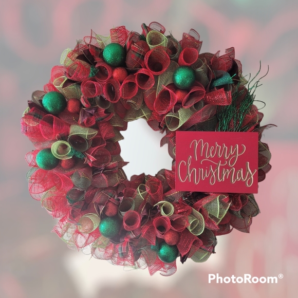 Large Red and Green Christmas Wreath Door Hanger  with Ornaments and Wooden Sign - Picture 4 of 4